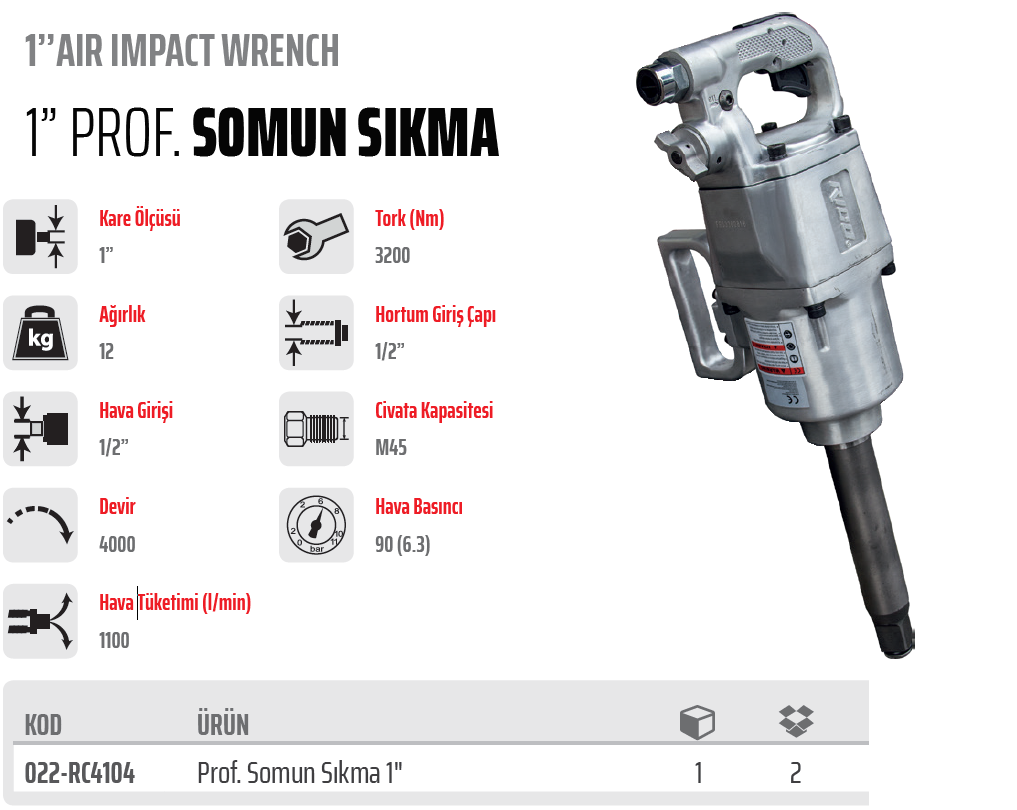 RİCO 1'' Havalı Somun Sökme Sıkma 320 KG (022-RC4104)