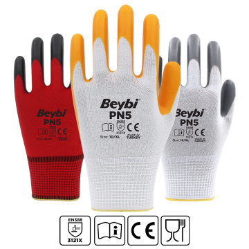 BEYBİ PN5 Sarı Beyaz Polyester Örme Nitril İş Eldiveni 288 Çift
