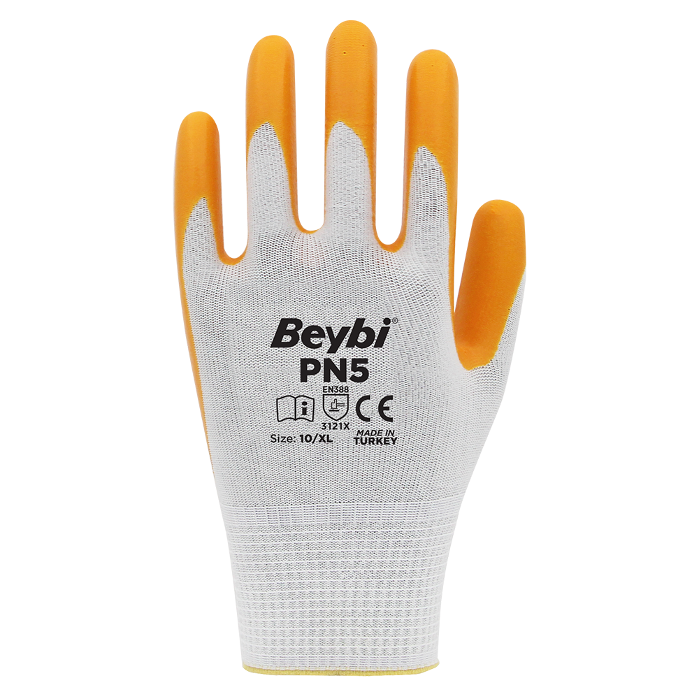 BEYBİ PN5 Sarı Beyaz Polyester Örme Nitril İş Eldiveni 288 Çift
