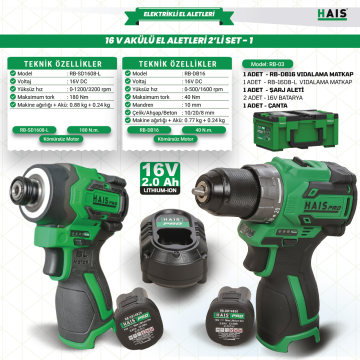 HaisPro (RB-03) -  2'Lİ SET - 16 Volt 2 Amper Profesyonel Akülü EL Aletleri Seti