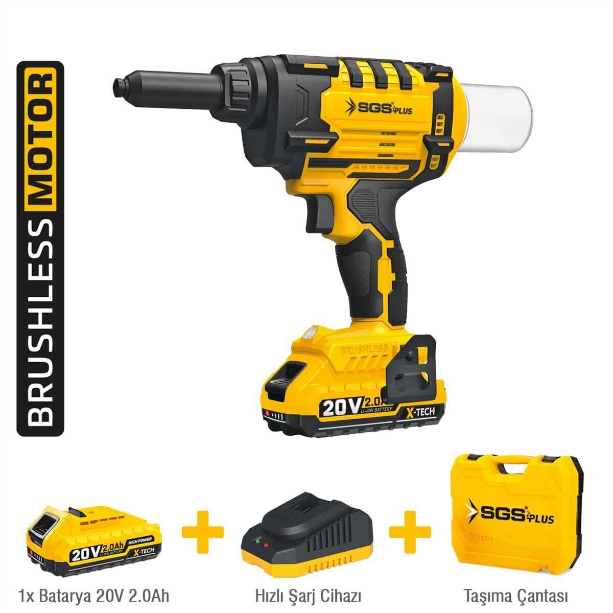 SGS5465 - 2.4 - 5mm - Akülü Perçin Tabancası Makinası 20 Volt 2 Amper ( Kömürsüz Motor)