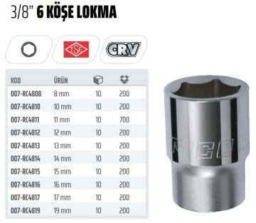RİCO 3/8 Kısa Lokma Ucu 6 Köşe