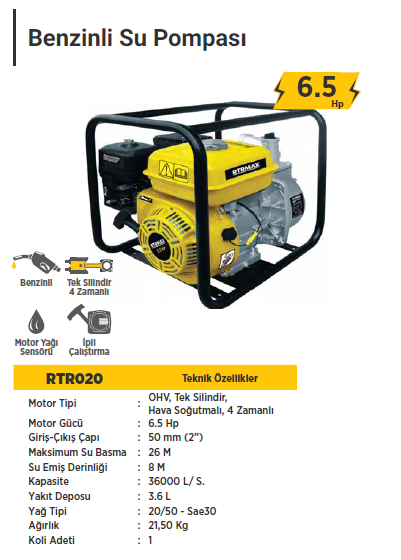 RTR MAX Benzinli Su Pompası 6.5 Hp