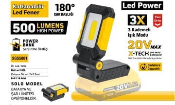 SGS5061 -  20 Volt Akülü Katlanır LED Fener 500 Lümen - 180 Derece