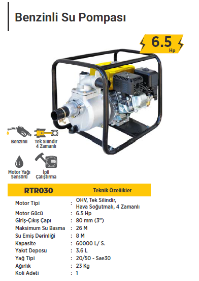 RTR MAX Benzinli Su Pompası 6.5 Hp