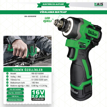 HaisPro (RB-SD1608-W) - 1/2 - 180 Nm - 16 Volt 2 Amper Profesyonel Torklu Somun Sıkma - Çift Akülü