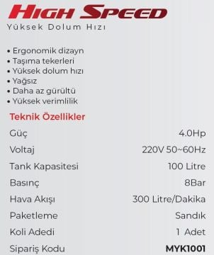 MYTOL MYK1001 - 100 Litre 4 HP Yüksek Hızlı Yağsız Hava Kompresörü Çift Kafa