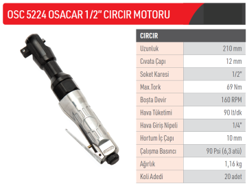OSAKA Osacar OSC5224 - 1/2 Havalı Cırcır Motoru Makinesi 69 Nm