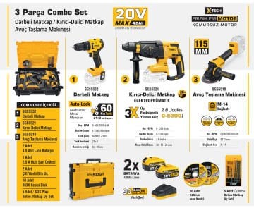 SGS5450 - 20 Volt 4 Amper Akülü Vidalama Matkap - Kırıcı Delici - Avuç Taşlama Combo Set 3 Parça
