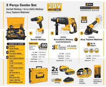 SGS5450 - 20 Volt 4 Amper Akülü Vidalama Matkap - Kırıcı Delici - Avuç Taşlama Combo Set 3 Parça