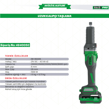 HaisPro (RB-ZM06A) - 21 Volt 4 Amper Akülü Profesyonel Uzun Kalıpçı Taşlama Makinesi - Çift Akülü