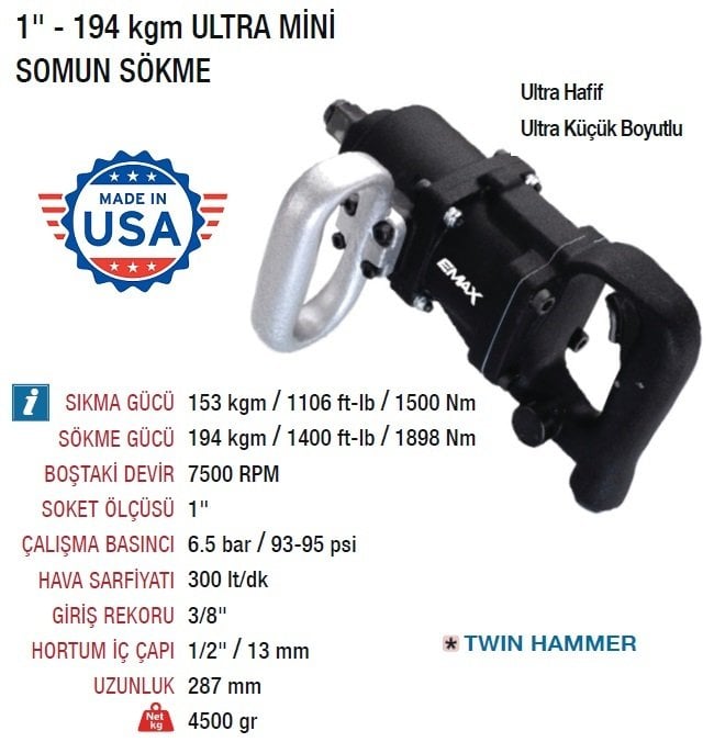 EMAX 1'' Ultra Mini Havalı Somun Sökme Sıkma 194 Kgm