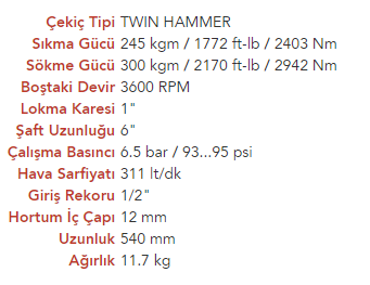 EMAX ET-1789-6 Havalı 1'' Uzun Şaftlı Havalı Somun Sökme Sıkma Tabancası Makinesi 300Kgm