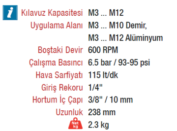 EMAX ET-1289 Havalı Klavuz Açma Diş Açma Tabancası Makinesi M3-M12