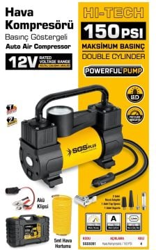 SGS5391 - 12 Volt 150 PSI Araç Oto Lastik Hava Kompresörü Basınç Göstergeli