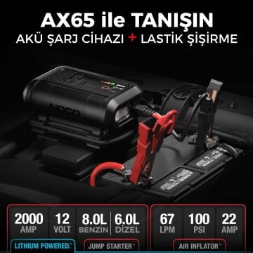 NOCO AX65 12V Lityum 2000Amp Akıllı Akü Takviye + Pompa + Powerbank + Led Lamba
