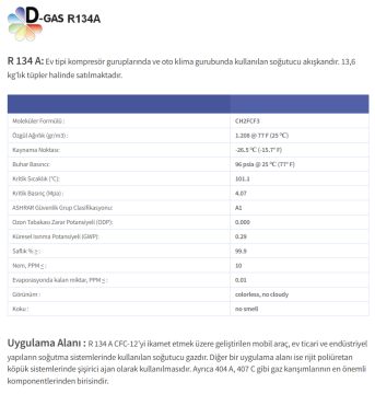 D-GAS R 134A - 12 Kg Otomobil, Ev Klima Gazı - Buzdolabı ve Dondurucu Gazı (Tekrar Doldurulabilir Tüp)