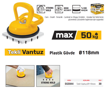 SGS944 - 50 Kg Tekli Plastik Cam Seramik Fayans Ahşap Tutma Taşıma Vantuzu 12cm