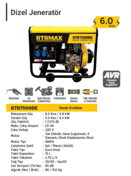 RTR MAX Dizel Jeneratör 6 KVA / 220 Volt
