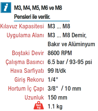 EMAX ET-1308 Havalı M3-M8 Klavuz Çekme Diş Açma Seti