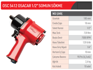 OSAKA Osacar OSC5412 - 1/2 Havalı Somun Sökme Sıkma 720 Nm