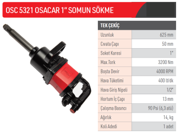 OSAKA Osacar OSC5321 - 1'' Uzun Soket Havalı Somun Sökme Tabancası Makinası 3200 Nm