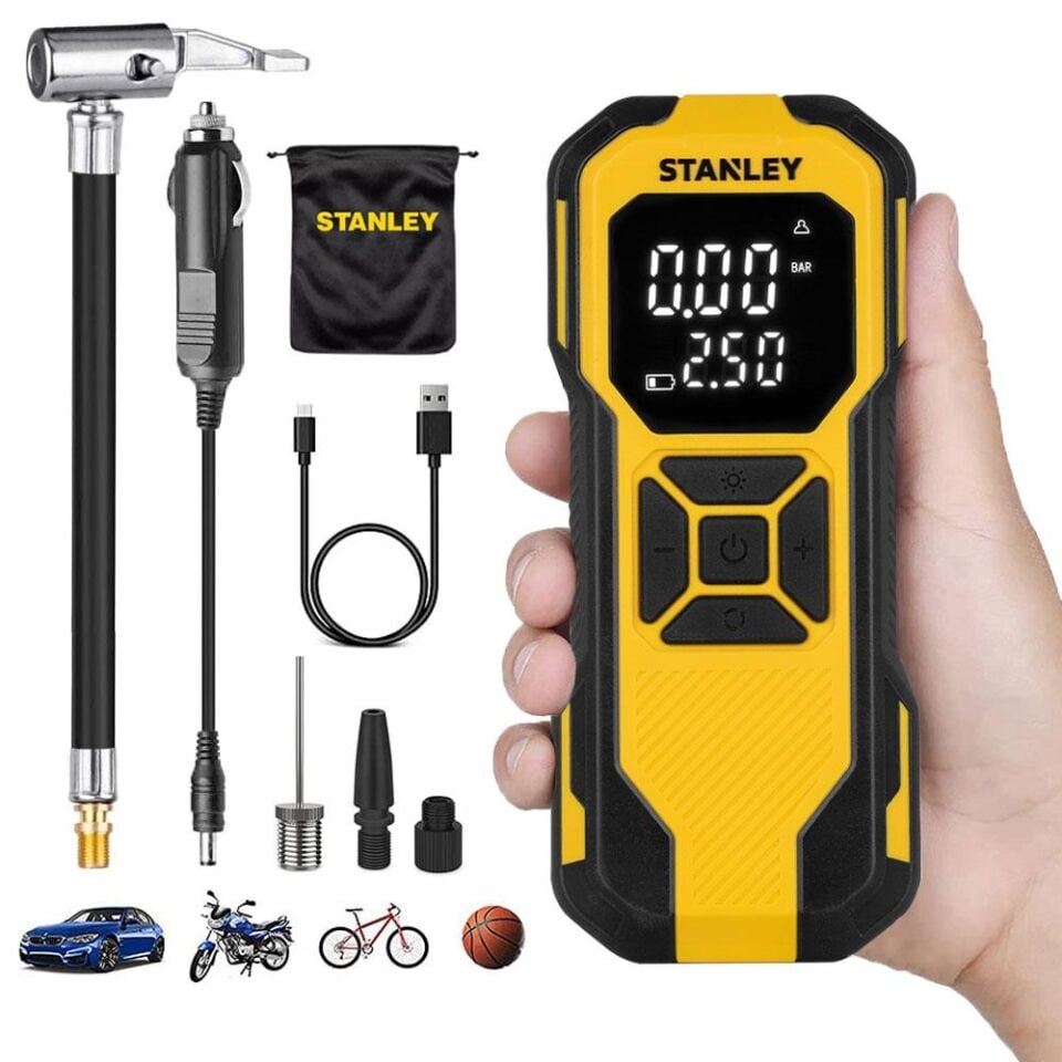 STANLEY SXIF0101 12V / Şarjlı Li-ion 150 PSI Dijital Göstergeli Akıllı Lastik Şişirme Pompası+Powerbank+SOS+Led Lamba