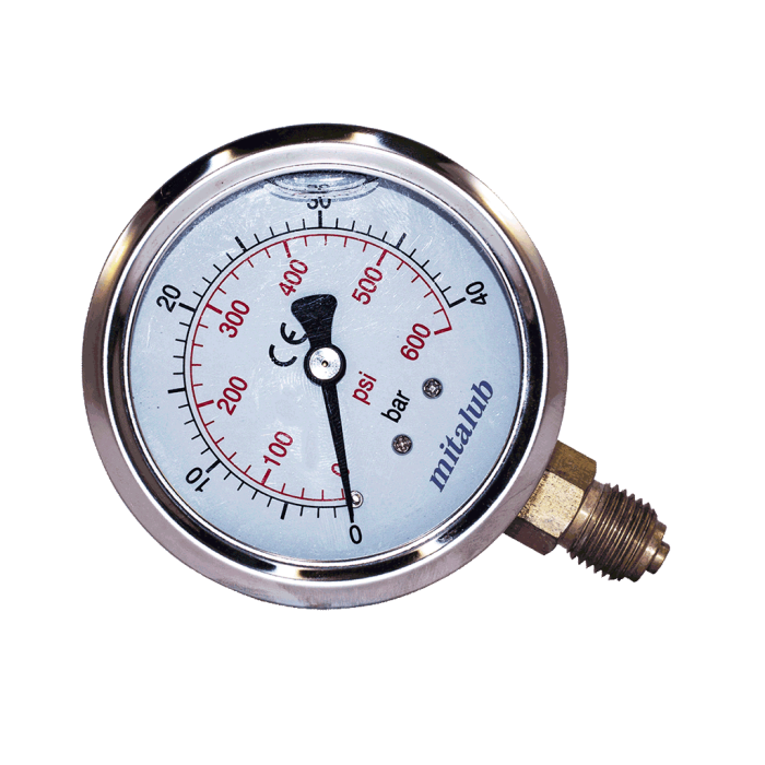 MİTALUB Gliserinli Manometre Alttan Çıkış (Paslanmaz) GÖVDE ÇAPI : 100mm BASINÇ BAR :0-25 DİŞ ÖLÇÜSÜ :1/2''