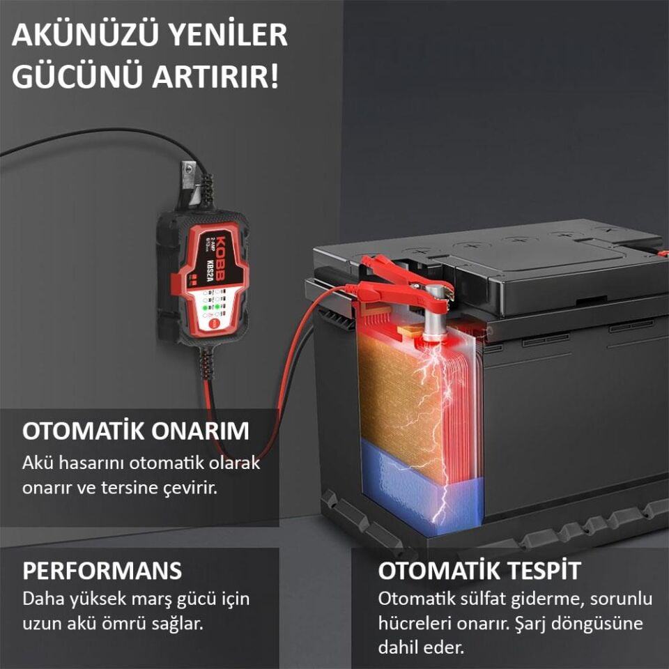 KOBB KBS2A 6V/12V 60Ah Akıllı Akü Şarj ve Akü Bakım / Desülfatör