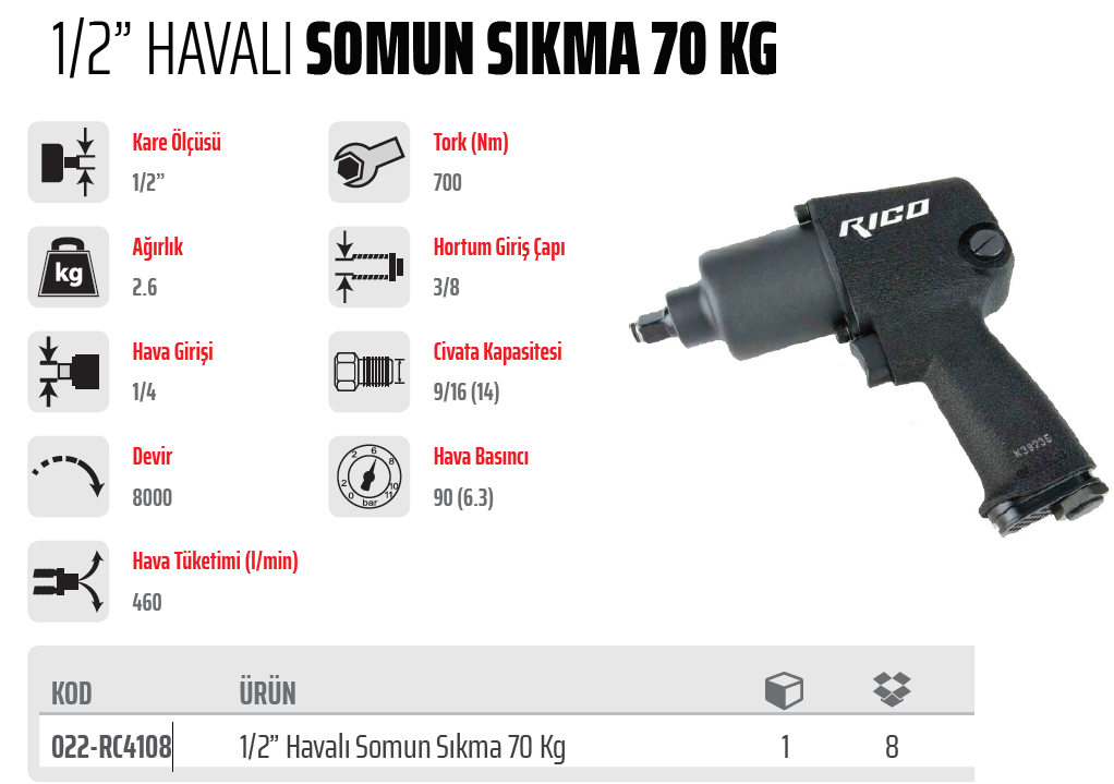 RİCO 1/2 Mini Havalı Somun Sıkma 70 Kg
