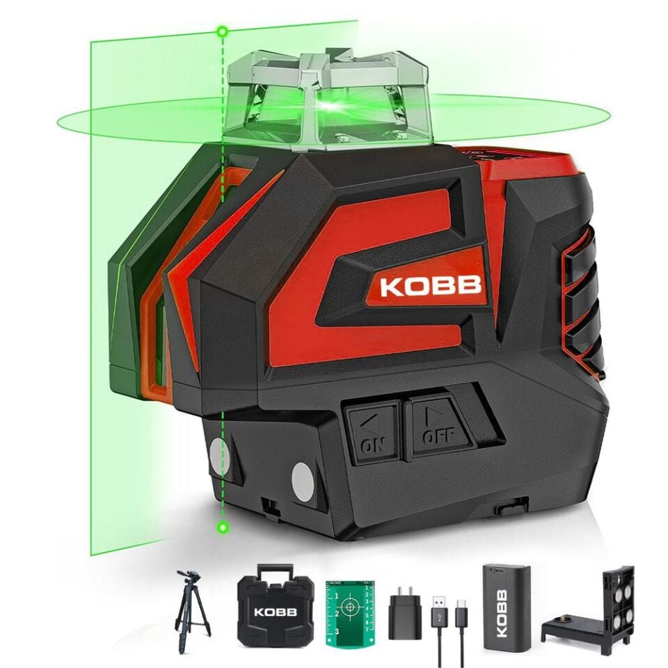 KOBB KBL32GTP Profesyonel Li-ion Yatay 360° ve Dikey Otomatik Hizalamalı Yeşil Nokta Şakül ve Çapraz Çizgi Lazer+Tripod