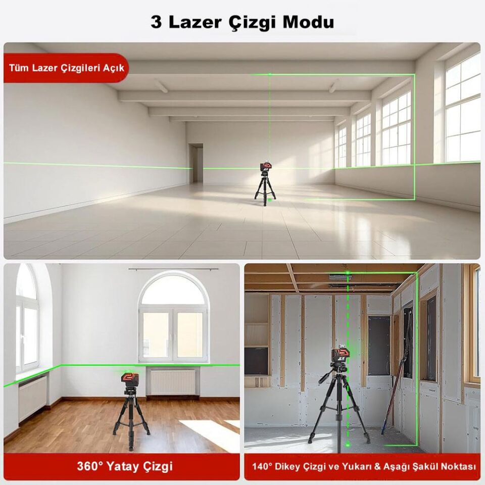 KOBB KBL32GTP Profesyonel Li-ion Yatay 360° ve Dikey Otomatik Hizalamalı Yeşil Nokta Şakül ve Çapraz Çizgi Lazer+Tripod