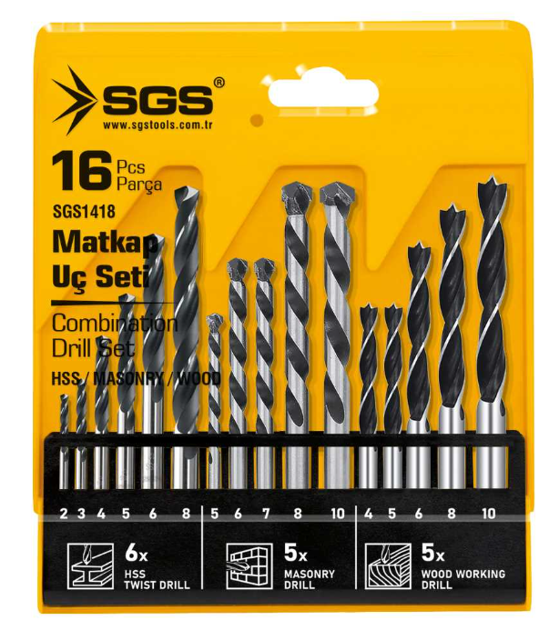 SGS1418 HSS Metal, Ahşap, Beton Matkap Uç Seti Takımı 16 Parça