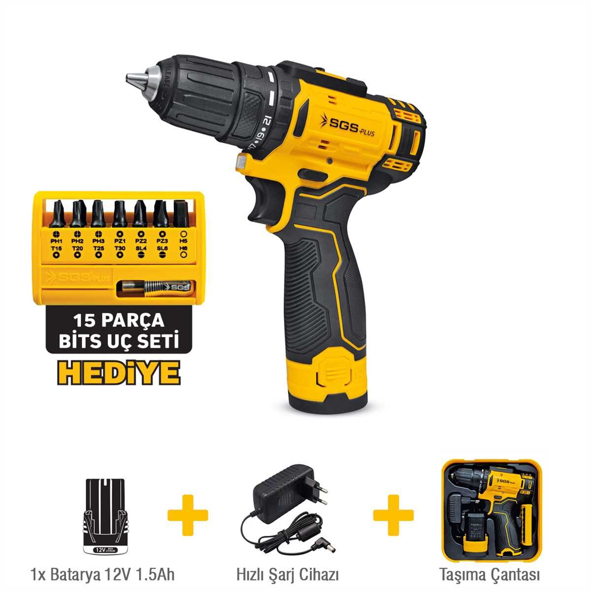 SGS5147 - 12 Volt Akülü Vidalama Seti 1.5 Amper + 15 Parça Bits Uç Seti