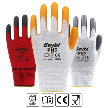 BEYBİ PN5 Gri Beyaz Polyester Örme Nitril İş Eldiveni 288 Çift
