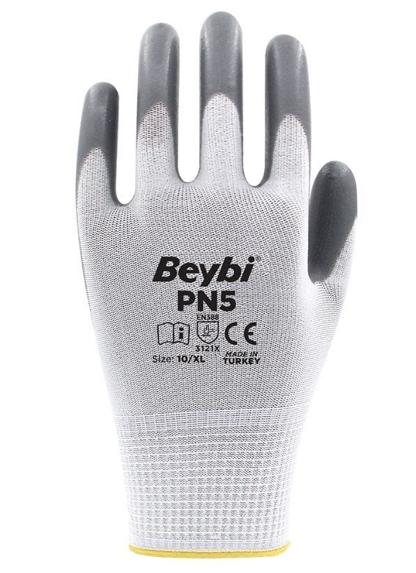 BEYBİ PN5 Gri Beyaz Polyester Örme Nitril İş Eldiveni 288 Çift