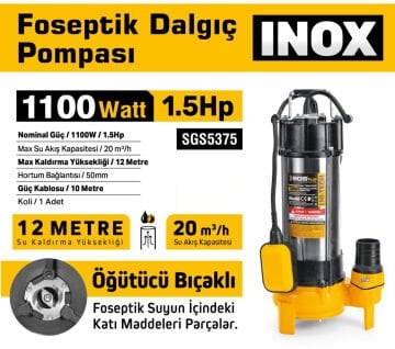 SGS5375 - 12 Metre 1.5 HP İnox Foseptik Dalgıç Pompa Parçalayıcı Öğütücü Bıçaklı 1100 Watt