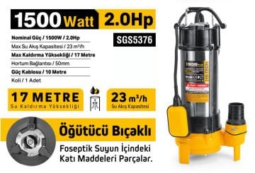 SGS5376 - 17 Metre 2 HP İnox Foseptik Dalgıç Pompa Parçalayıcı Öğütücü Bıçaklı 1500 Watt
