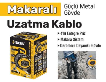 SGS Makaralı Güçlü Metal Gövde Uzatma Kablo Dörtlü Priz 3 x 2.5 - 40 METRE