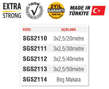 SGS Makaralı Güçlü Metal Gövde Uzatma Kablo Dörtlü Priz 3 x 2.5 - 40 METRE