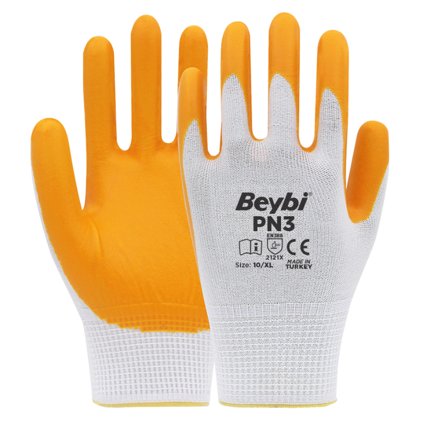 BEYBİ PN3 Sarı Beyaz Polyester Örme Nitril İş Eldiveni 288 Çift
