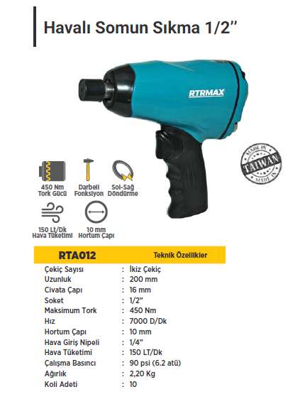 RTR MAX Havalı Somun Sıkma 1/2'' / 450Nm