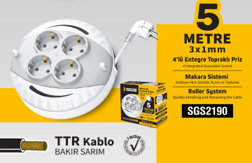 SGS2190 -  5 Metre Makaralı Uzatma Kablo 3 x 1 Bakır Sarım TTR Kablo