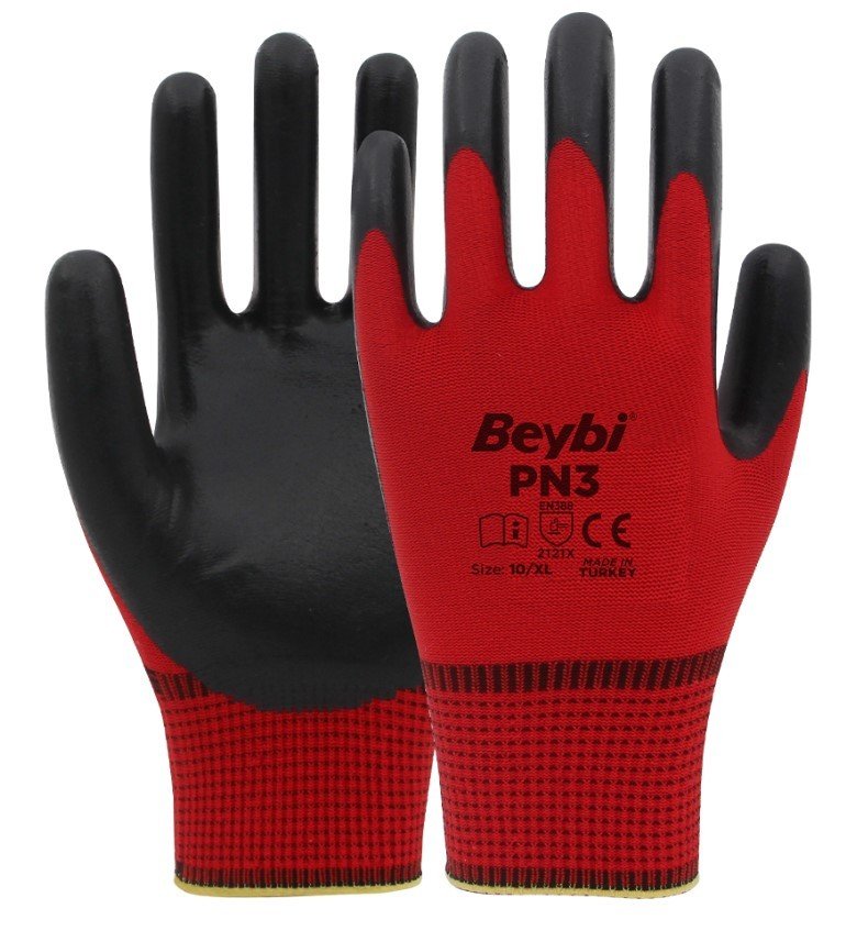 BEYBİ PN3 Kırmızı Siyah Polyester Örme Nitril İş Eldiveni 288 Çift