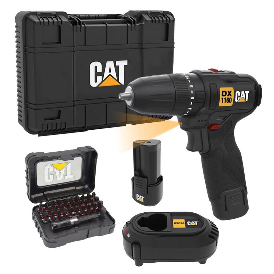 CAT DX1160 12Volt/2.0Ah Li-ion Çift Akülü Kömürsüz Profesyonel Şarjlı Darbeli Matkap + DA01901 32 Parça Aksesuar Seti
