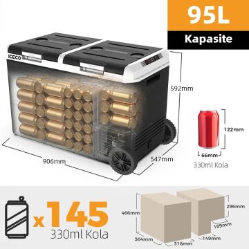 ICECO MCD95D 12/24Volt 95 Litre Kompresörlü Çift Bölmeli Tekerlekli Outdoor Oto Buzdolabı/Dondurucu