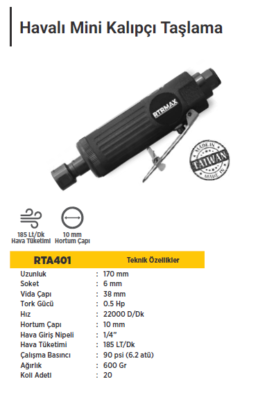 RTR MAX Havalı (Düz) Kalıpçı Taşlama 1/4''