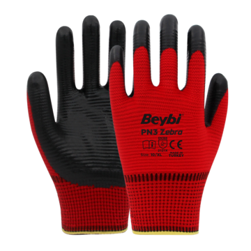 BEYBİ PN3 Zebra Polyester Örme Nitril Eldiven Kırmızı Siyah
