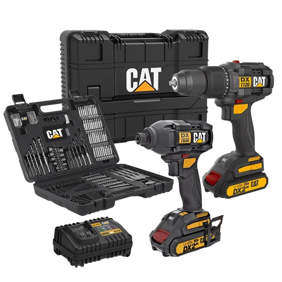 CAT DXK201 18Volt/2.0Ah Li-ion Çift Akülü Kömürsüz Profesyonel Şarjlı Darbeli Matkap + DX7030 + DA01903 Kombo Set