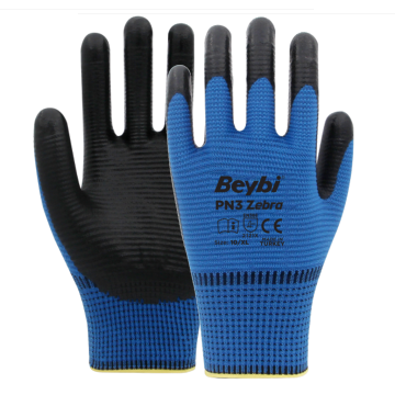 BEYBİ PN3 Zebra Polyester Örme Nitril Eldiven Mavi Siyah - 12 Çift 10 Numara